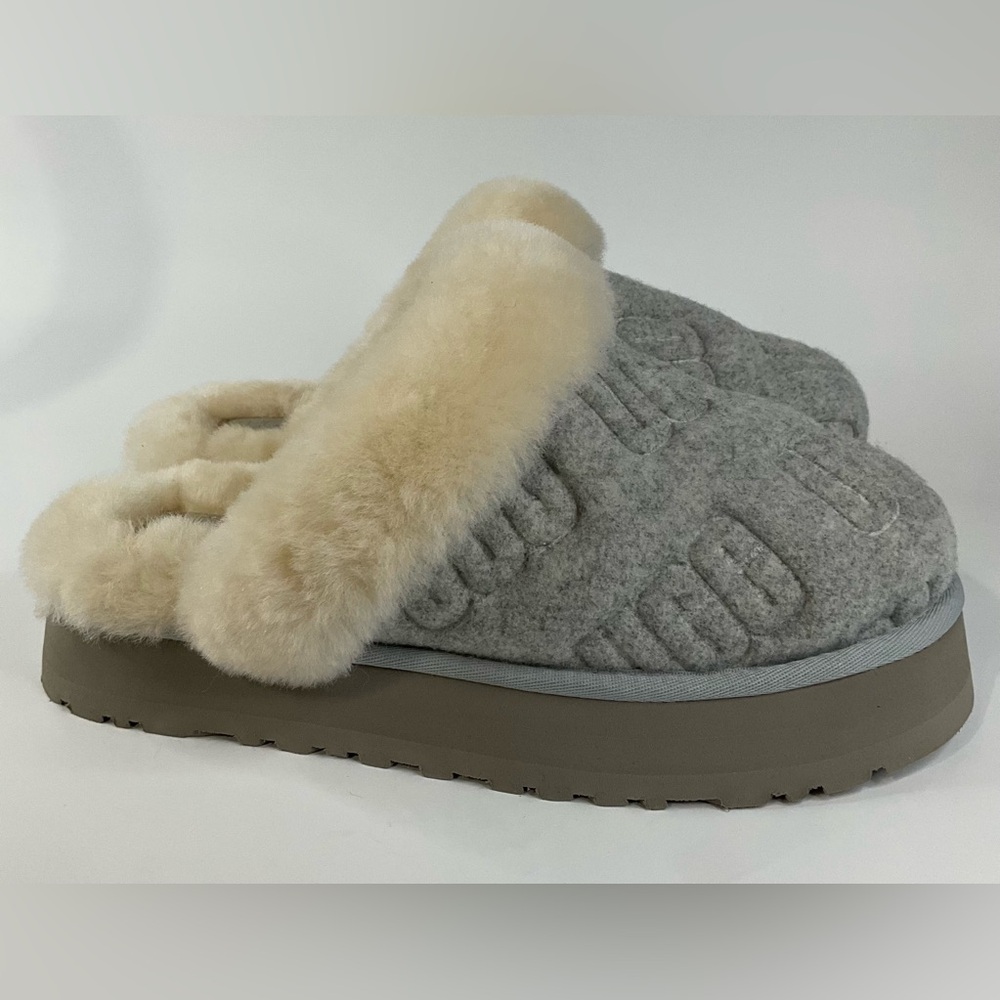 UGG DISQUETTE FELTED GREY SHEARLING WOMEN'S PLATFORM SLIPPERS S